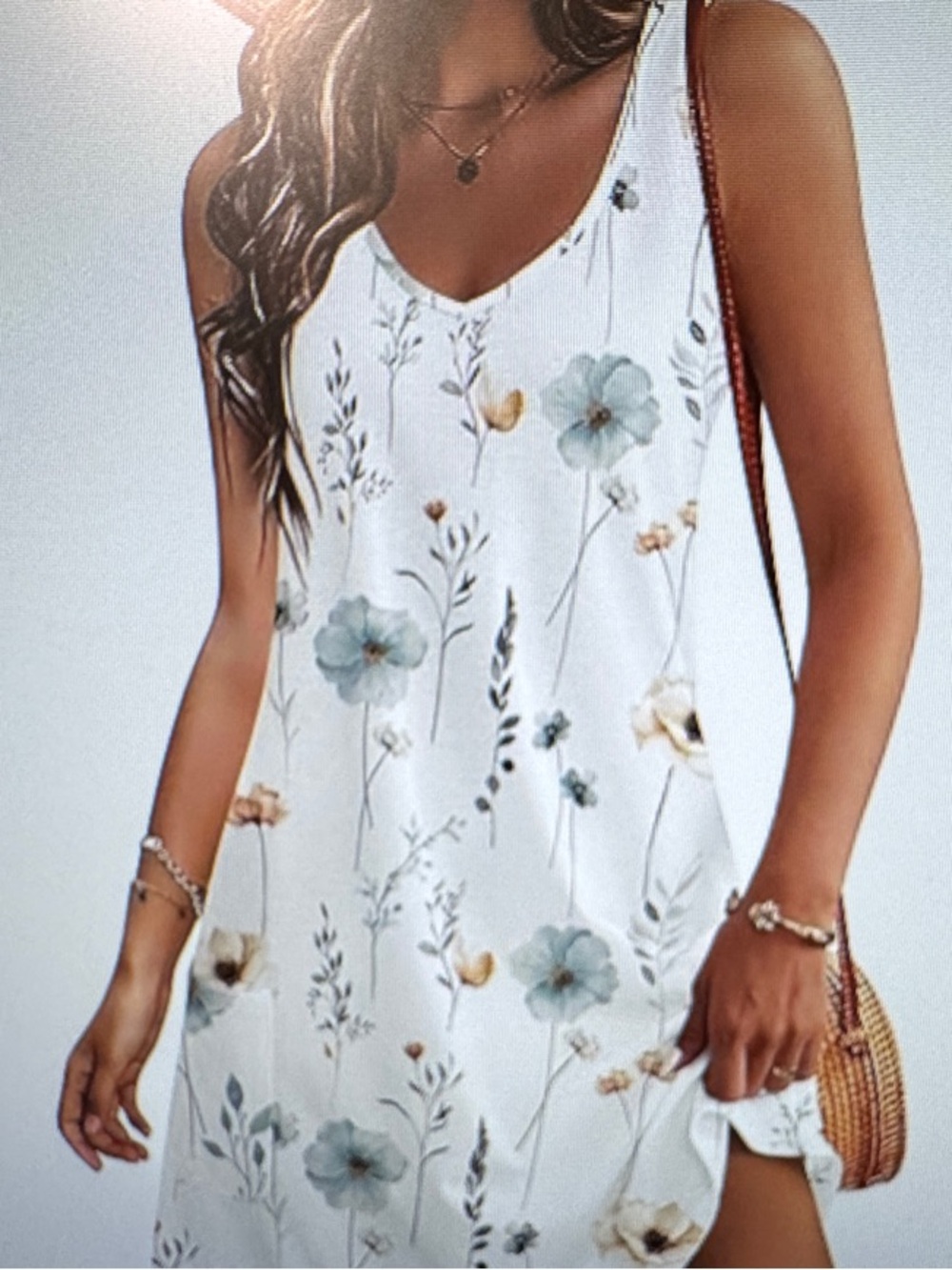 Sleeveless V-Neck Floral Midi Dress in White with Gray & Yellow Flowers XL